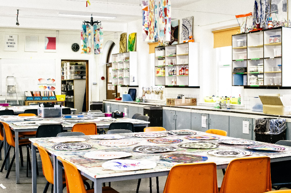 Art Studio Storage in Art School Classroom.