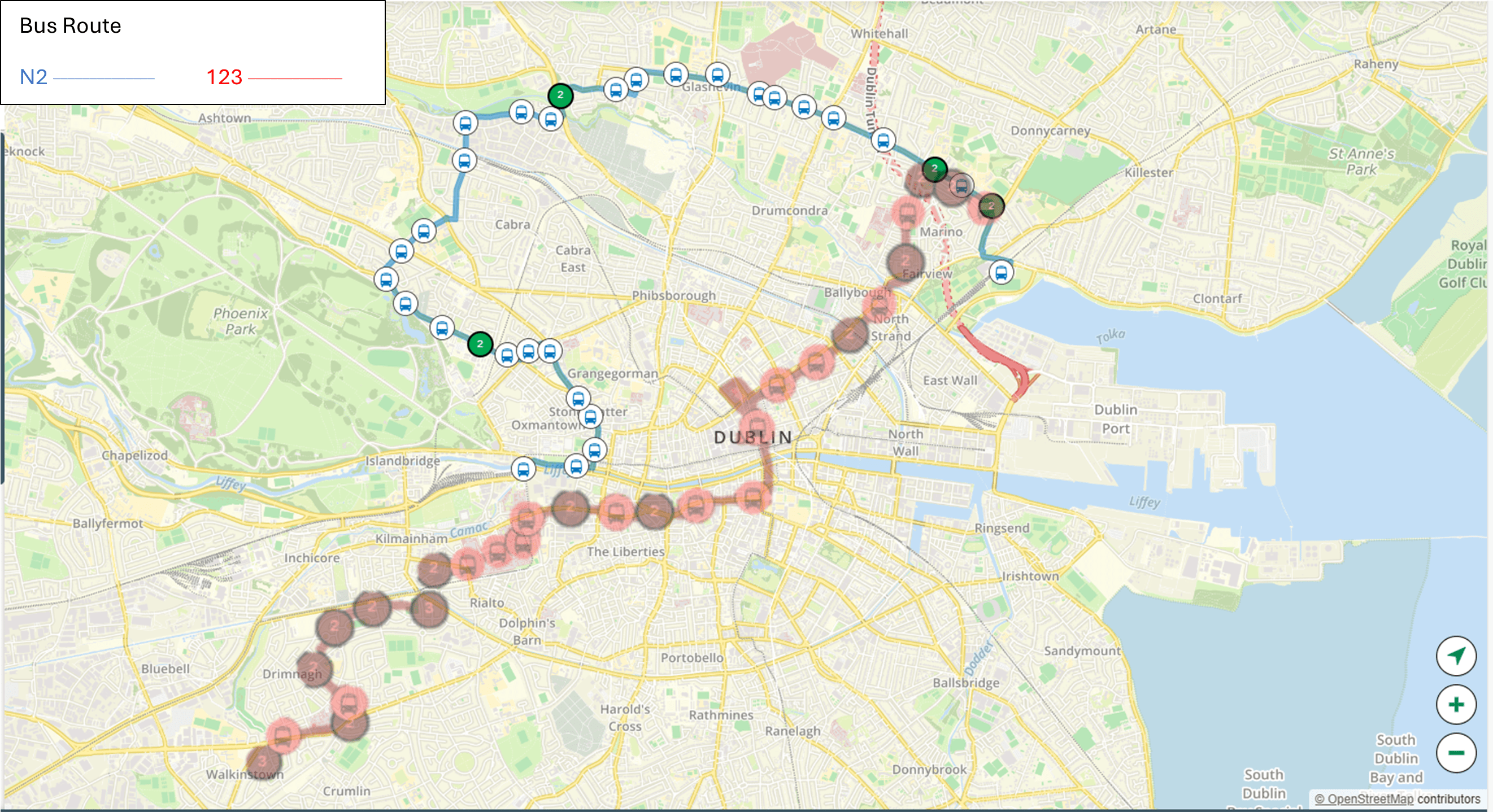 Map showing N2 and 123 bus routes through Dublin