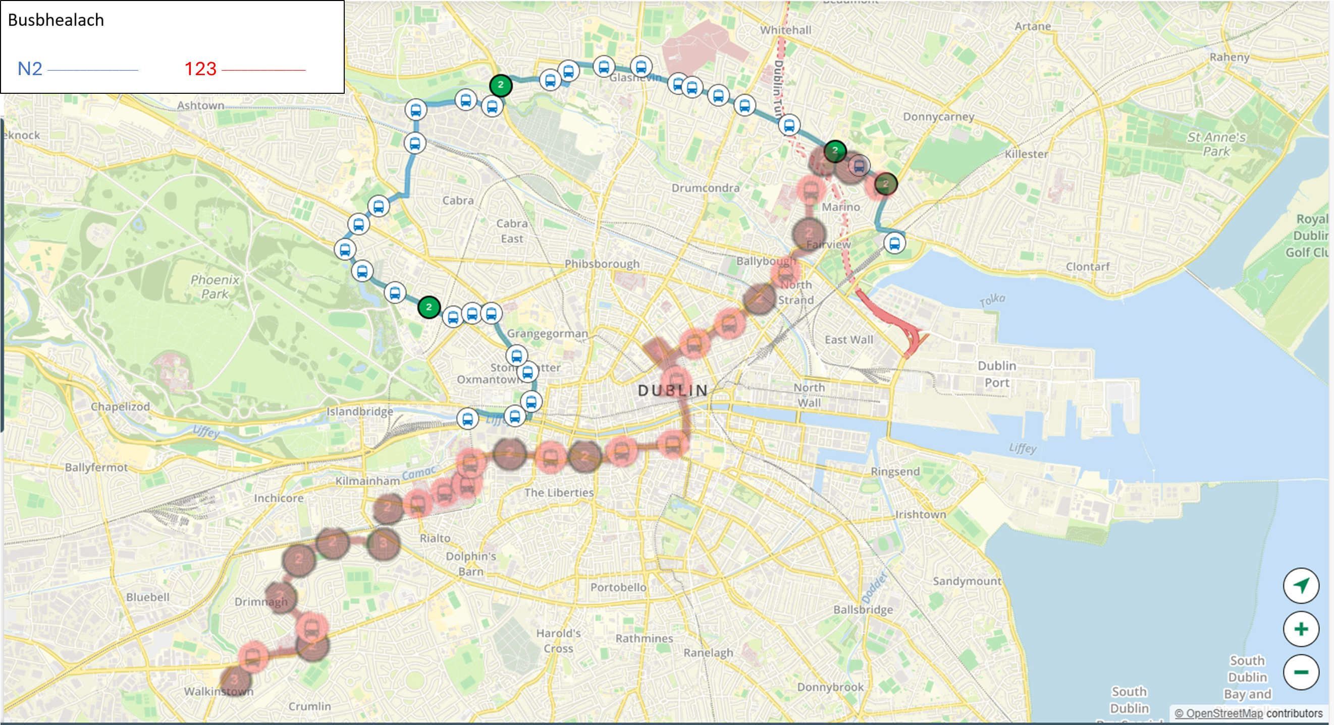 Busbhealaí an N2 agus an 123 trí chathair Bhaile Átha Cliath