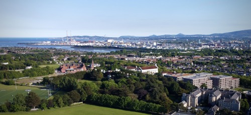 Overhead view of MIE campus, showing Dublin coastline