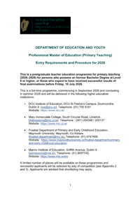 Final Professional Master Of Education (Primary Teaching) Entry Requirements 2026